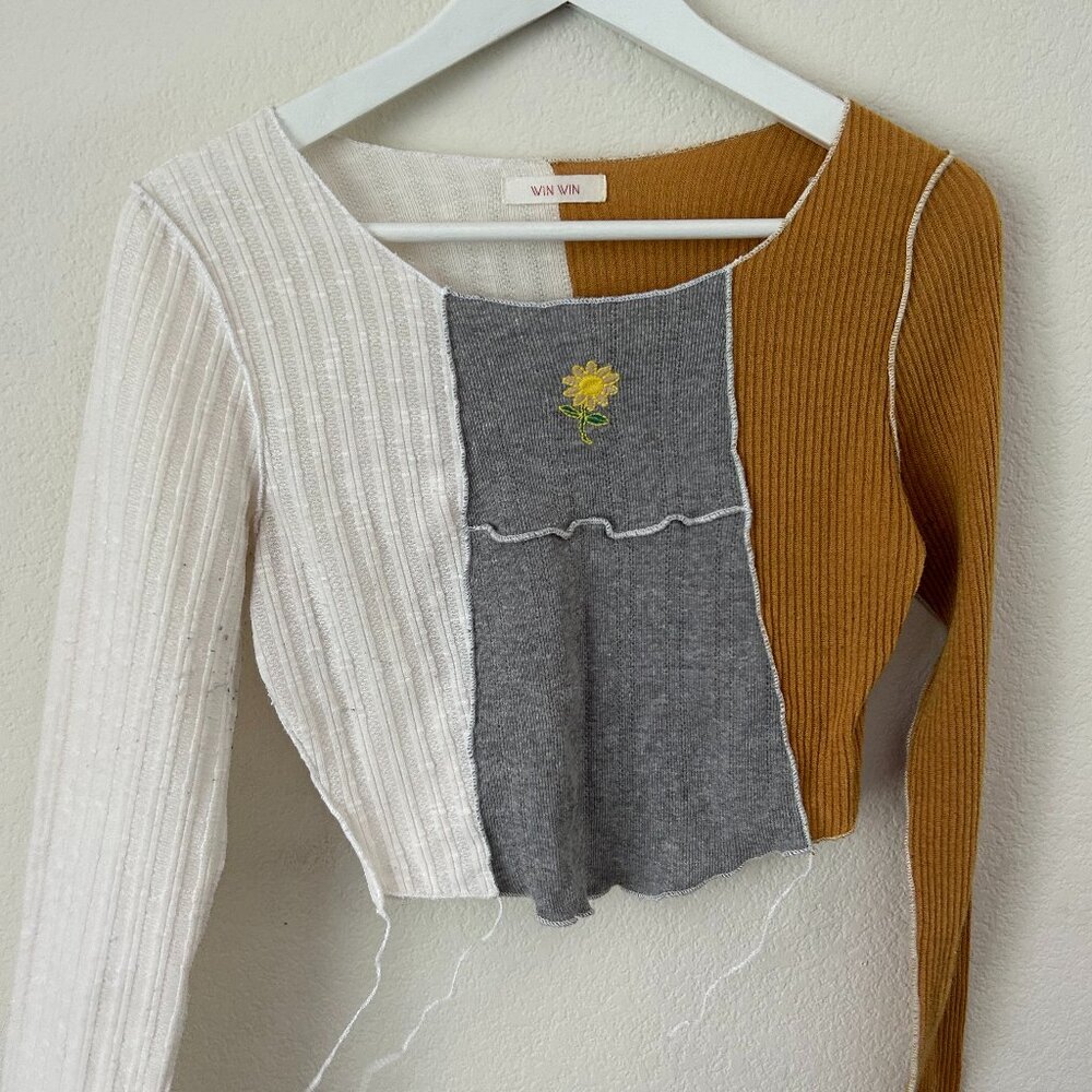 Color-Block Long Sleeve T with Embroidered Flower